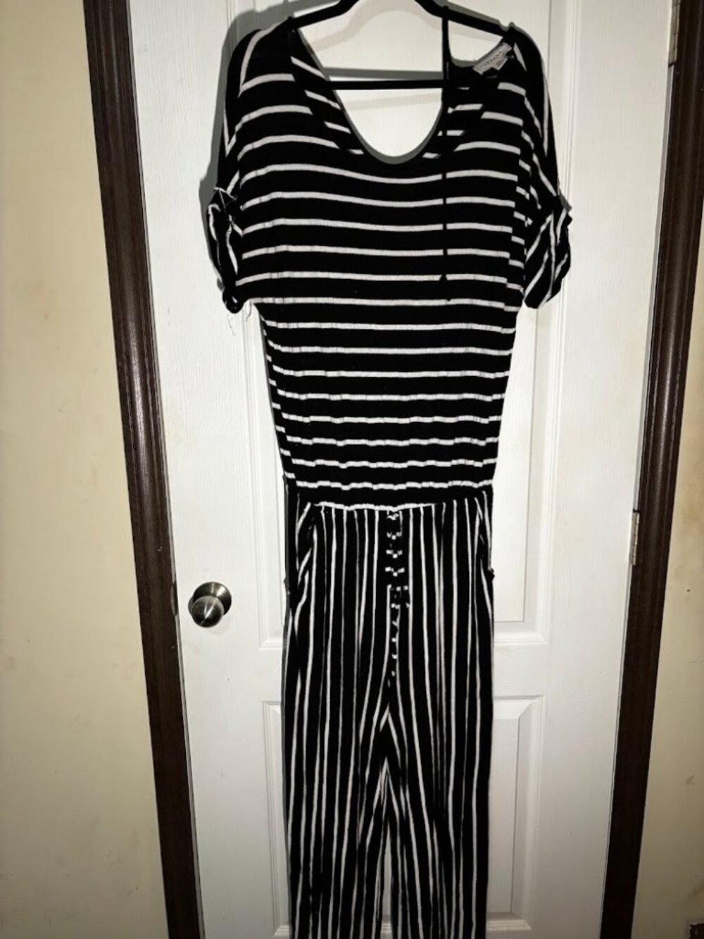 Zenana Black White Striped Jumpsuit Cold Shoulder Cutout Size XL